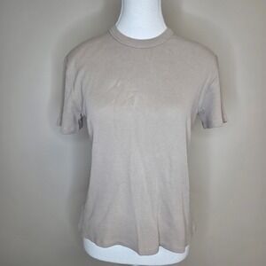Leallo Womens S Beige Waffle Knit Thermal Short Sleeve Cotton T-Shirt‎ Top